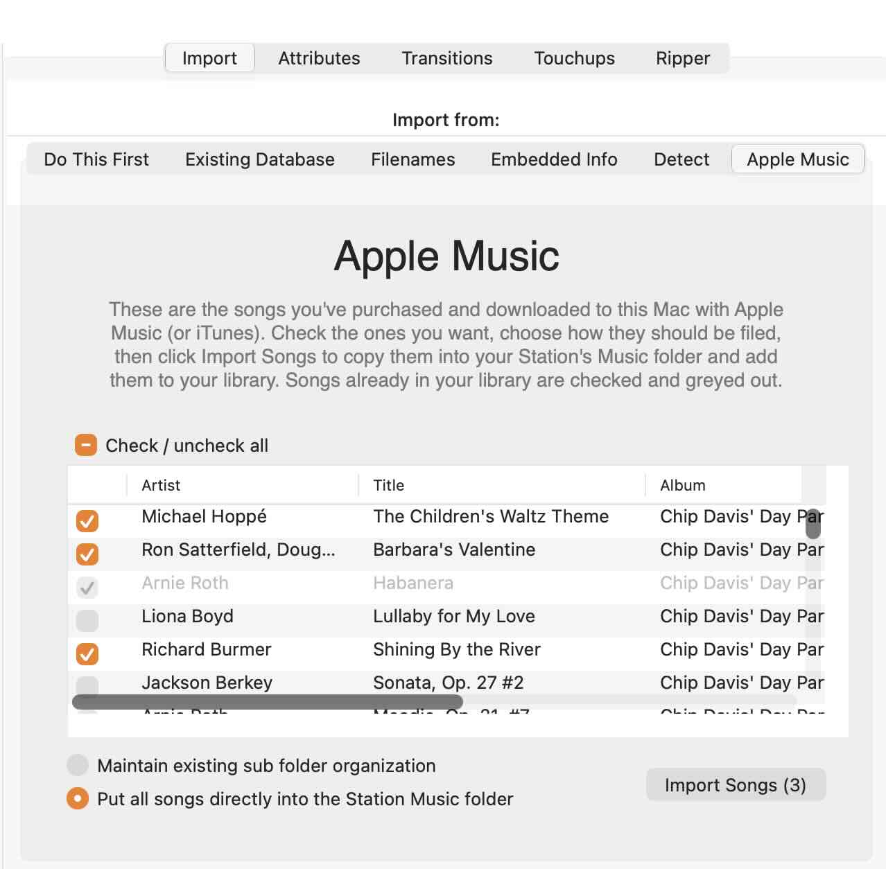 Librarian's Apple Music import tab bringing purchased songs into a station library