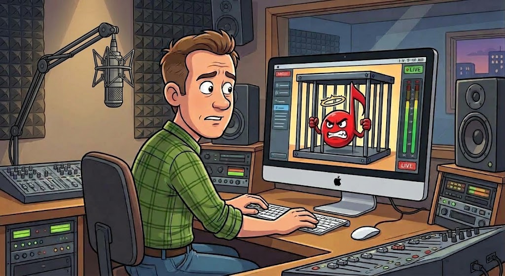 A radio announcer anxiously watching a cartoon damaged music note locked in a cage on his studio computer