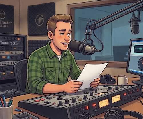 A local radio host on the air at the microphone