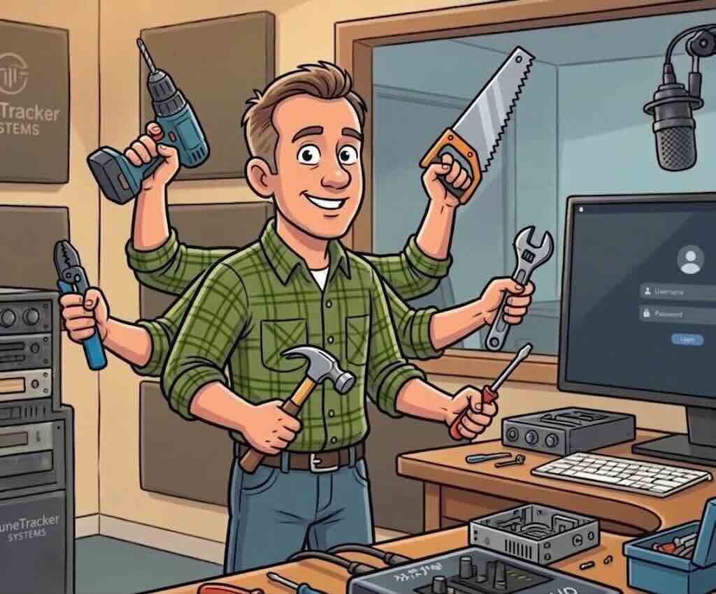 A man with six hands, each holding a different tool