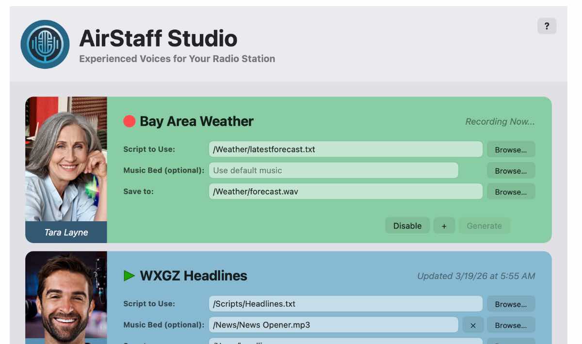 AirStaff Studio AI voice generation software for radio on macOS