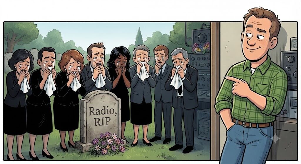 A cartoon funeral for radio — with someone pointing at broadcast equipment still running
