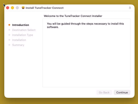 macOS installer wizard showing TuneTracker Connect welcome screen