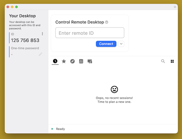 RustDesk main window showing 9-digit ID, green Ready dot, and Control Remote Desktop box