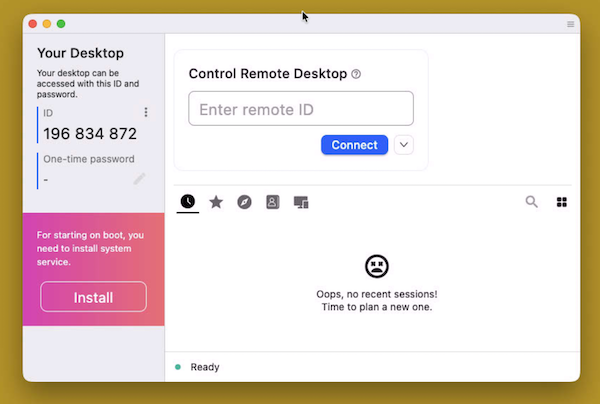 RustDesk Permissions panel showing Configure button for Screen Recording