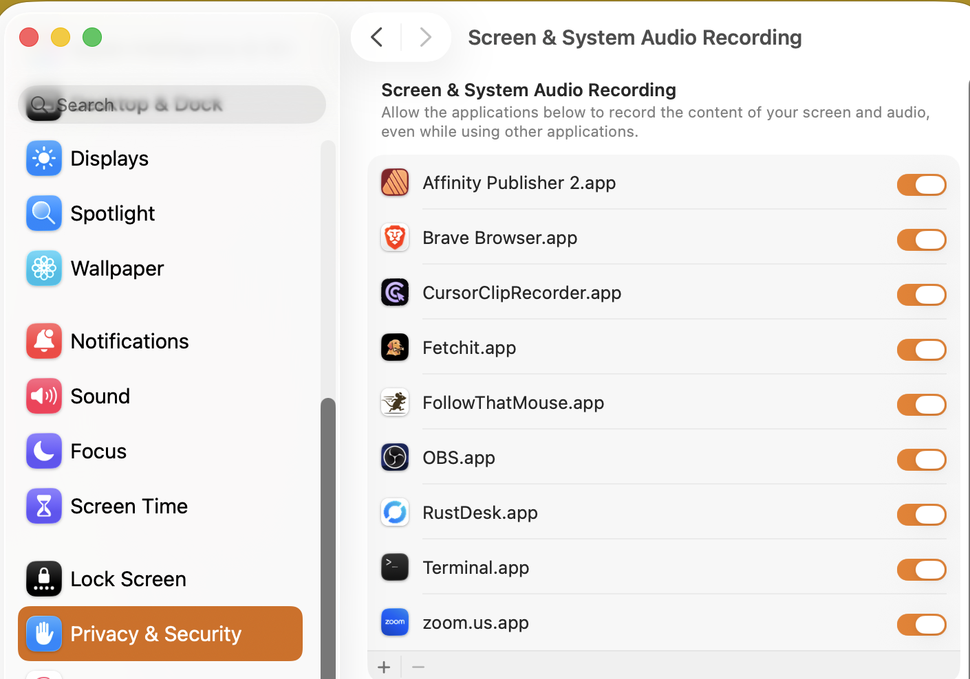 macOS System Settings Screen Recording page with RustDesk toggle switch