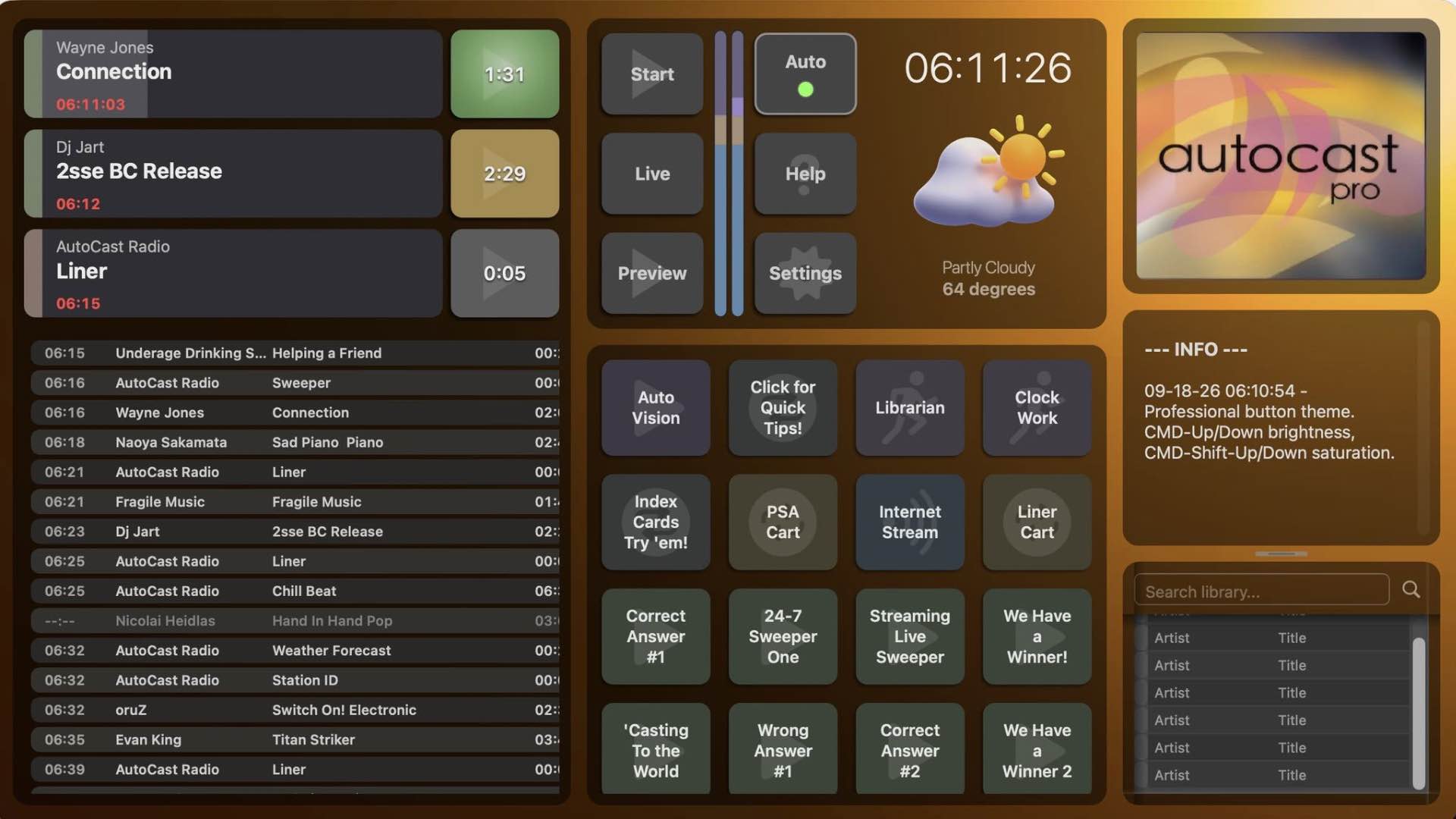 AutoCast in Dark Mode with its player decks, program log, and button pad