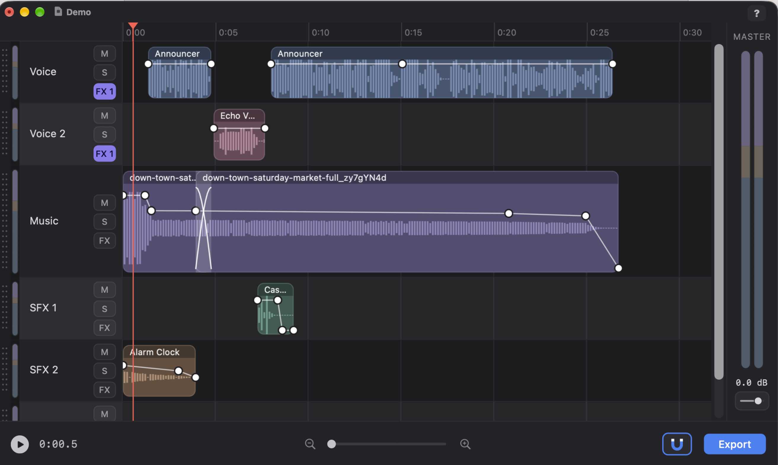 FastTracker, a clean multitrack audio editor for Mac, showing a few tracks of clips with volume envelopes