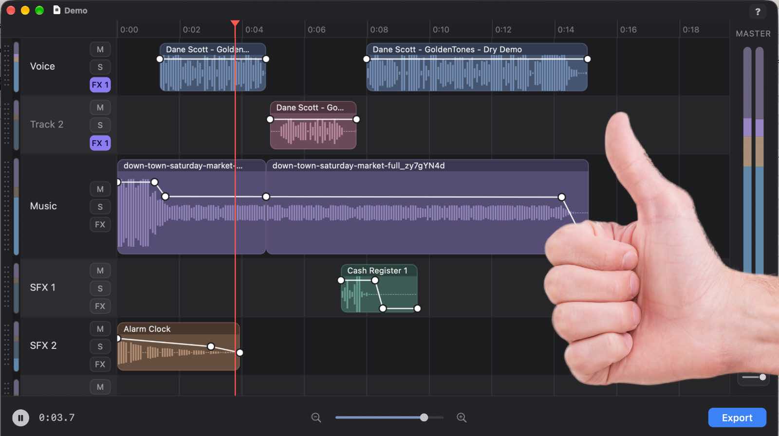FastTracker&rsquo;s clean multitrack window: a ruler, a few tracks, a play button, and a zoom slider