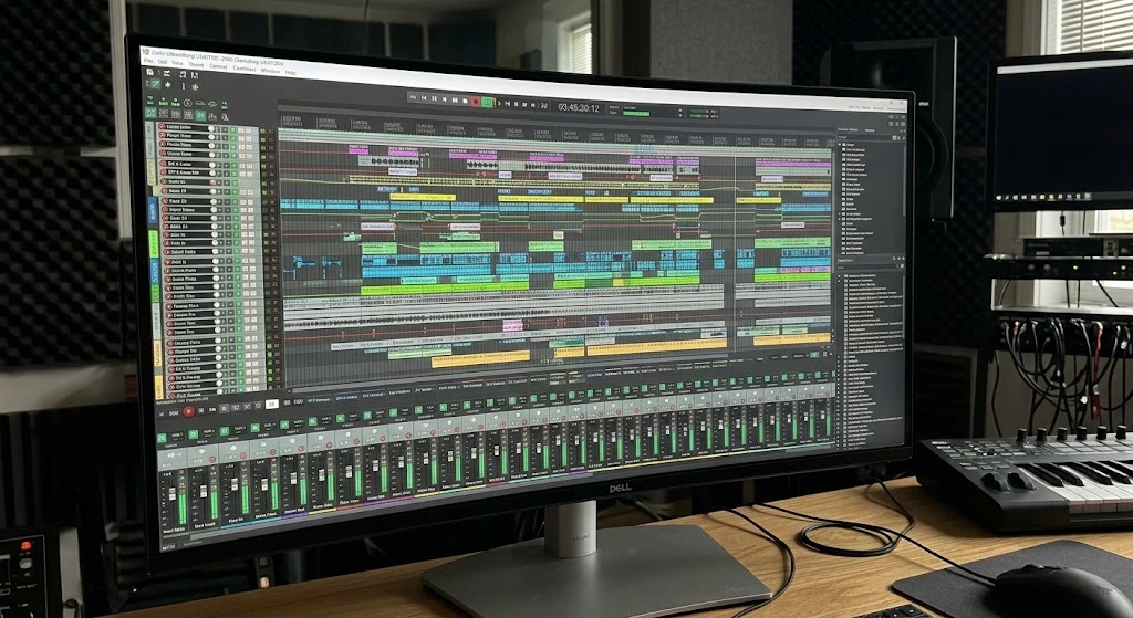 An example of a typical cluttered multitrack editor, with dozens of tracks, meters, and tiny controls