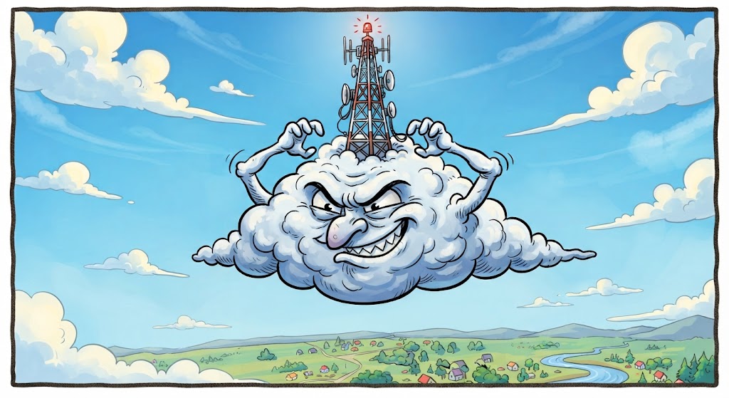 An illustration of an angry storm cloud gripping a radio broadcast tower