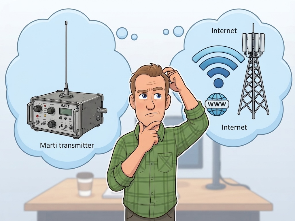 A cartoon of a man scratching his head, weighing a Marti transmitter with an antenna on one side against Wi-Fi, a cell tower, and the internet on the other