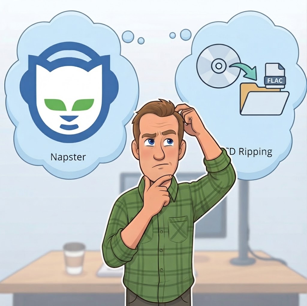 A cartoon of a man scratching his head, weighing Napster on one side against ripping his own CDs to FLAC files on the other